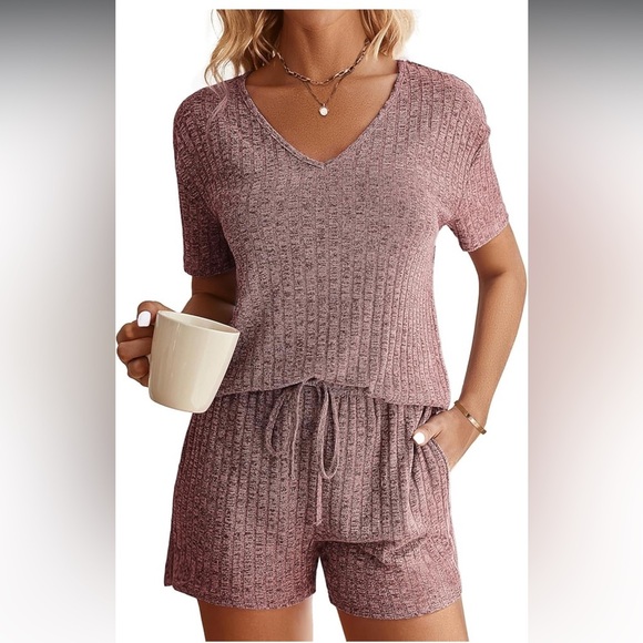 None Other - Women's Ribbed Knit Set - Wine Red